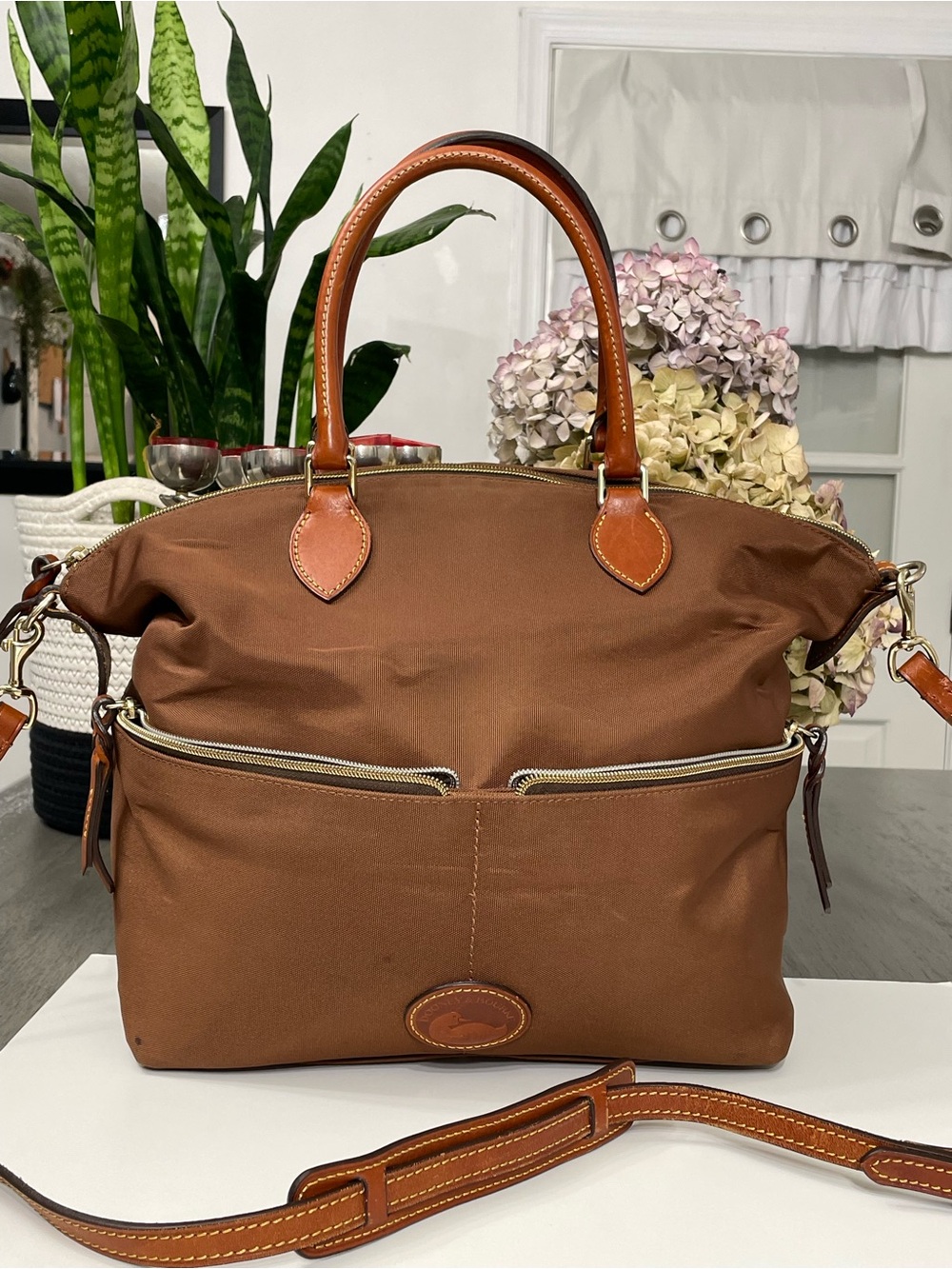 Dooney & Bourke Brown Nylon Leather Satchel Crossbody Travel Tote Bag